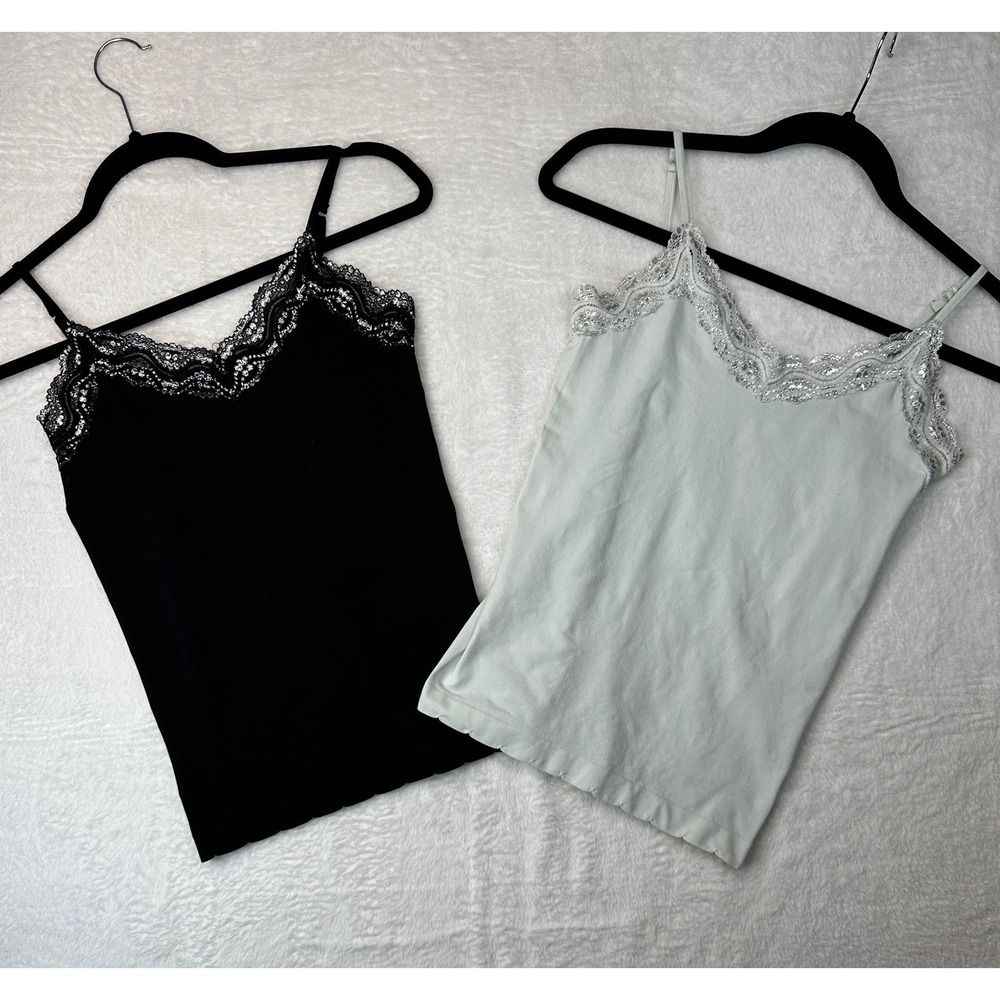 Dots Lace Trim Camisole Lot of 2 Womens Size M Black Mint Green Metallic Shimmer